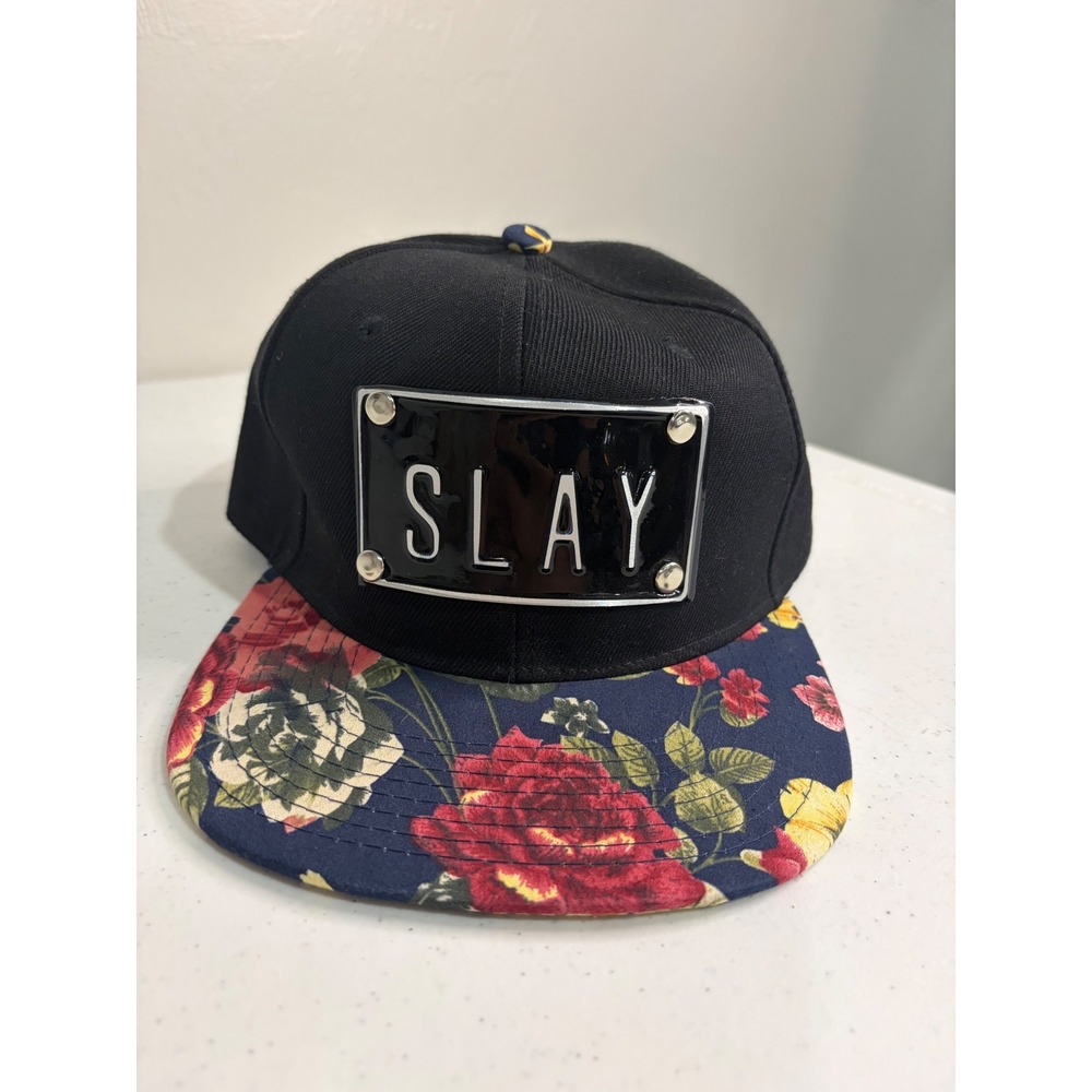 Slay Graphic Snapback Hat Black Floral Print Flat Brim Adjustable Baseball Cap